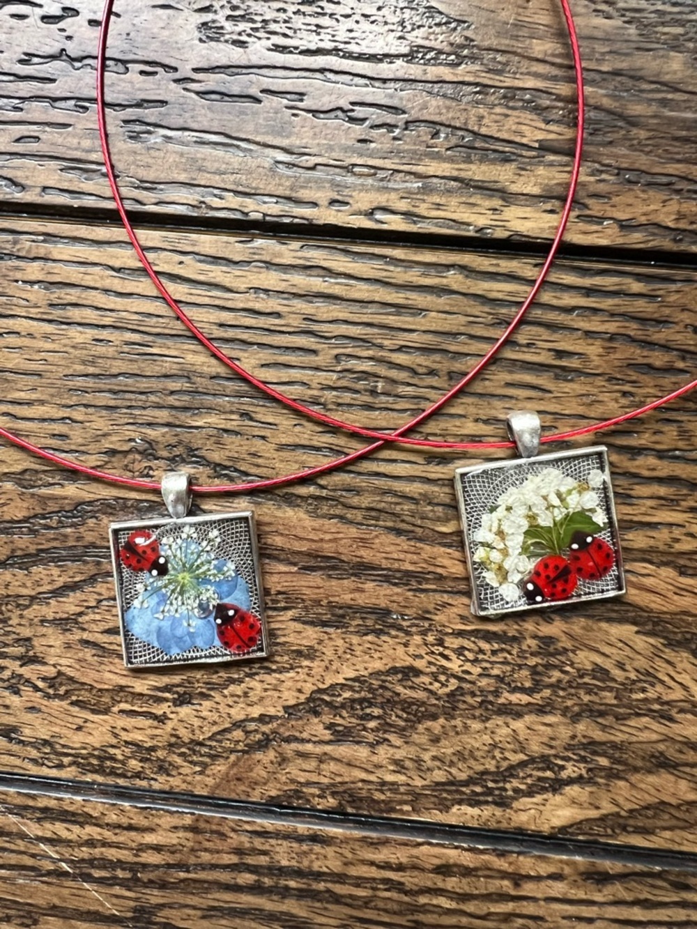Handmade Red Cord Ladybug & Flower Pendant Necklace - Blue or White Options